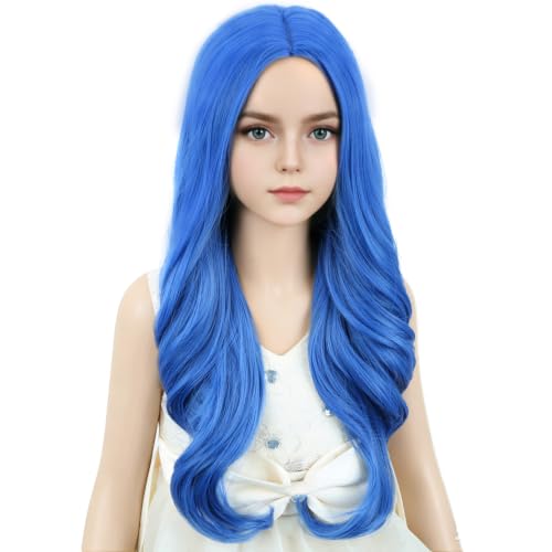 DUDUWIG Child Dark Blue Wig Kids Long Middle Part Wig Girls Blue Wavy Curly Wigs Heat Resistant Synthetic Wigs with Wig Cap