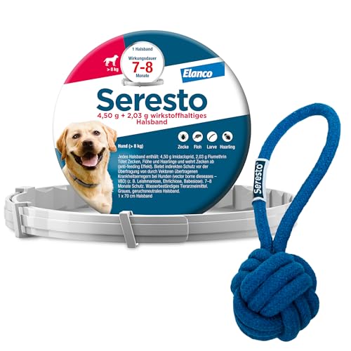 Elanco Seresto Promo-Set: Zecken- und Flohschutz für große Hunde ab 8 kg mit Wurfball, Halsband tötet Zecken und Flöhe schnell ab und schützt 7 bis 8 Monate lang