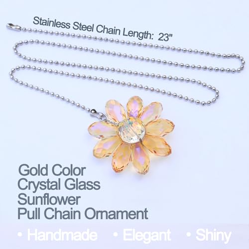Image of LEFERS Ceiling Fan Pull Chain, 2 Pieces 1.8 inch Crystal Glass Flower Pendants with 24 inch Ceiling Fan Chain Extender and Connector (Gold)