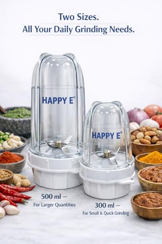 Image of HAPPY E Premium Transparent Bullet Jars | BPA-Free Heavy Duty Polycarbonate | Leakproof | 304 SS Blades | Fits 2-Lock Mixer Grinders (4 Teeth Coupler) - Prestige, Bajaj, Preethi, Sumeet (500+300 ml)