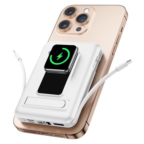 Magnetic Portable Charger, 10000mAh Wireless Power Bank for iPhone with Built-in Cables, 20W Fast Charging for Magsafe Battery Pack with Stand for iPhone Air/17/16/15/14/13/12 and Apple Watch