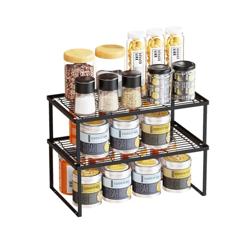 LANEJOY Metal Cabinet Shelves Organizer, Set of 2 Kitchen Counter Shelves, Stackable and Expandable Storage Racks for Cabinet Counter Pantry, Black, 17″ L x 10″ D x 6.3″ H