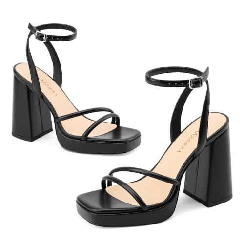Image of MIRAAZZURRA Platform Strappy Heel Sandals Square Open Toe Two Strap Chunky High Heeled Sandals with Buckle Ankle Strap for Women Party Wedding Dress