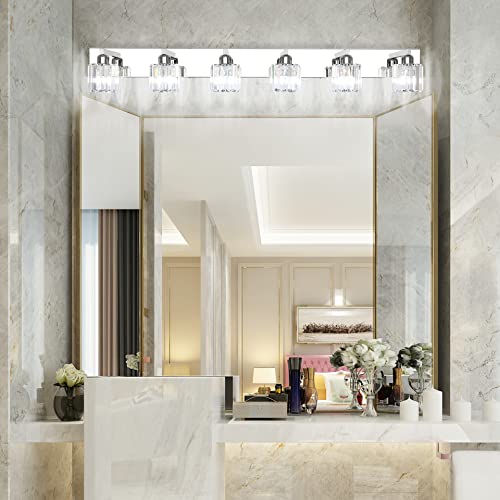Image of Aipsun Bathroom Vanity Light Crystal Vanity Lighting Fixtures 6 Lights Chrome Vanity Light for Bathroom (Exclude Bulb)