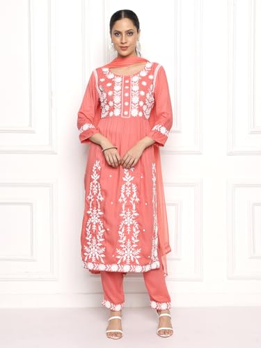 Image of Kaari Women's Chikankari Kurta Set with Dupatta -Fit & Flare Fit | Chiffon Dupatta with Embroidered Band | Straight Pant with Side Pocket | Kurta Set For Women