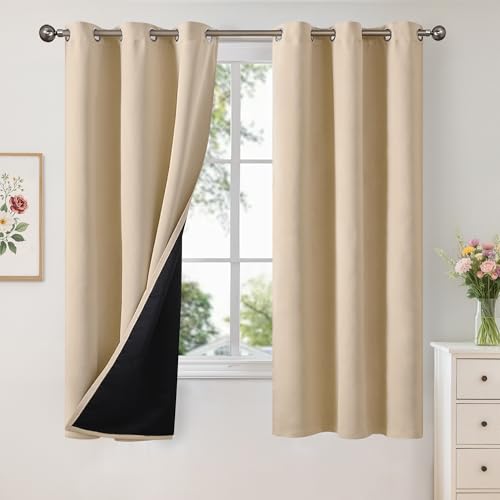 Image of YoungsTex Beige Insulated 100% Blackout Curtains 63 Inches Length for Bedroom, Thermal Black Out Drapes with Grommet Energy Saving for Living Room, 2 Panels, 42 X 63 Inch