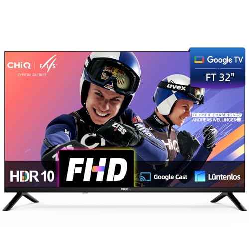 CHIQ 32 Zoll (81 cm) Google TV, Full HD, HDR10, Smart TV mit WLAN, Triple Tuner DVB-C/T2/S2, Dolby Audio & DBX-tv, Google Home, Prime Video, Chromecast, Rahmenloses Metalldesign, LF32FT