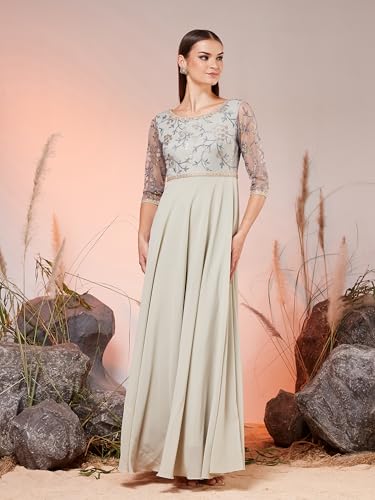 Image of Miss Chase Women's Round Neck Sleeve Embellished Fit Flare Maxi Dress