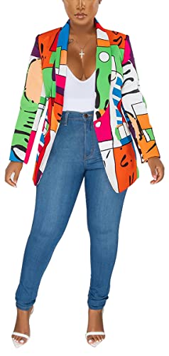 Women's Graphic Print Blazer Button Open Front Long Sleeve Casual Jacket Multicolored Medium