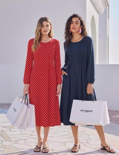 Image of Zeagoo Fall Dresses for Women Long Sleeve Midi Dress Casual A Line Dresses 2026 Pleated Flare Dress with Pockets