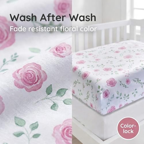Image of EVERYDAY KIDS 2 Pack Fitted Girls Crib Sheet, 100% Soft Breathable Microfiber Baby Sheet, Fits Standard Size Crib Mattress 28in x 52in, White and Pink Nursery Sheets with Flowers, Roses and Rosebuds