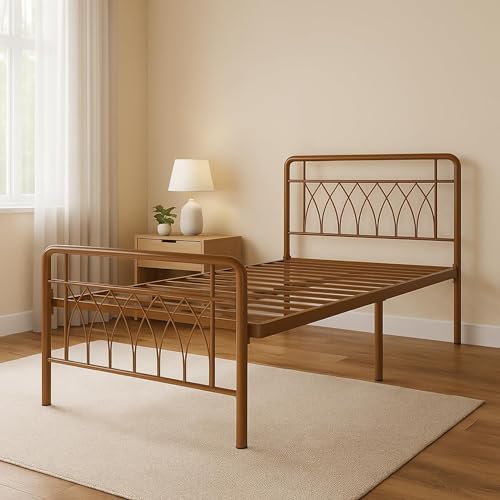 Image of Jexx Metal Extra Single Size Bed Without Storage | Wrought Iron Single Bed with Headboard & Footboard| Sturdy Powder Coated Platform Cot for Bedroom (Jexx Brown)