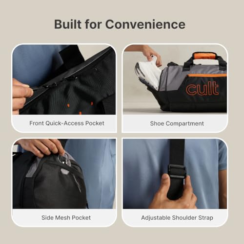 Image of Cultsport 35L Gym /Duffle Bag for Men & Women | Water-Resistant Sports Travel Bag with Shoe Compartment, Adjustable Shoulder Strap, Side Pocket & Spacious Main Storage - Grey Orange
