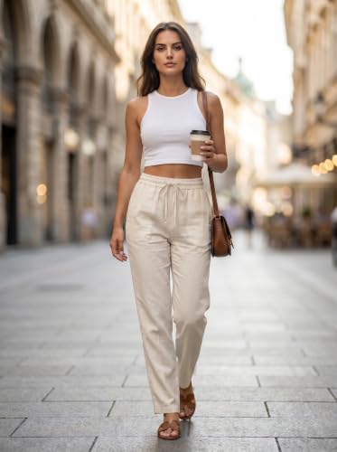 Image of THUMBA Women's Cotton Linen Wide Leg Pants | Elastic Waist Relaxed Fit Trousers | Breathable Summer Palazzo Pant with Pockets| Casual Office Travel Wear