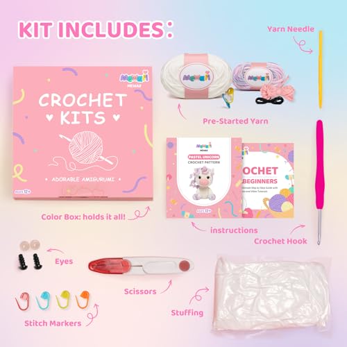 Image of Mewaii Crochet Kit for Beginners Level 2 with 40% Extra Eco-Friendly Pre-Started Easy Yarn, Step-by-Step Video Tutorials for Adults and Kids (Pastel Unicorn)