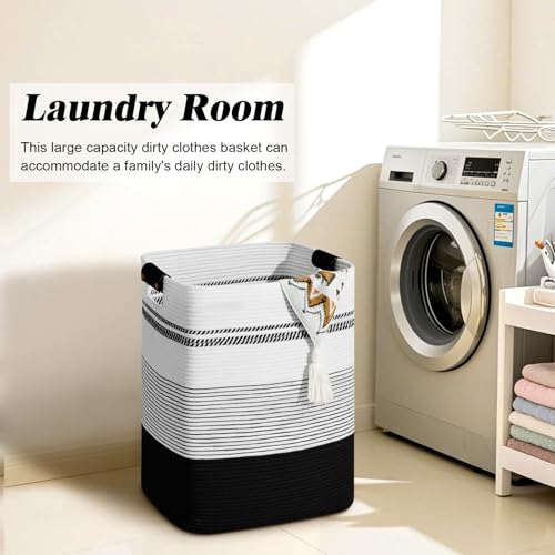 Image of Laundry Hamper, 95L Tall Laundry Basket with Leather Handles, Rectangle Large Clothes Hamper for Organizing, Cotton Woven Laundry Baskets Storage Hampers for Bedroom, Nursery, Living Room