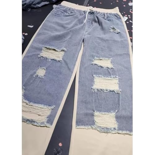 Women's Denim Trousers with Stitching and Ripped Design,Patchwork High Waisted, Casual Retro Loose Drawstring Ripped Jeans4
