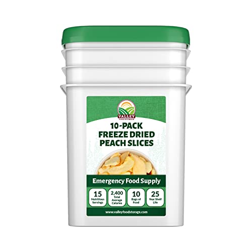 Image of Valley Food Storage Freeze Dried Peach Slices | 10-Bag Bucket, 21 oz | Non-GMO Premium Emergency Food Supply, 25 Year Shelf Life | Prepper Supplies, Survival Food, Off-Grid Living | Packaged in USA