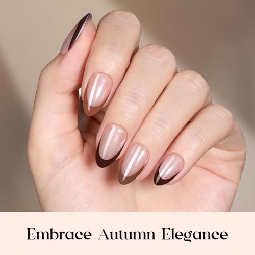 Image of Beetles French Tip Press On Nails - Cocoa Mousse French | 7 Colors Short Almond Press On Nails Brown | 16 Sizes 224 Pcs Natural Salon Quality For Women