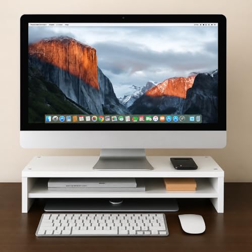 Image of Wooden Monitor Stand with Storage Organizer For Desk, Tables, Office, Home, Studio, Study Table | Desktop Ergonomic Monitor Stand Riser (White, Large)