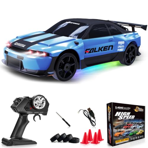 LFOLUSU Remote Control Car RC Drift Car 2.4GHz 1:24 4WD 15KM/H High Speed Racing Sport Car with LED Lights Drifting Tire Racing Sport Toy for Adults Boys Girls Kids Gift 2Pcs Rechargeable Batteries