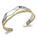 Chunky Gold and Silver Cuff Bracelets Sterling Silver Two Tone Open Bangles Double Layer Irregular Wave Hammered Texture Bracelet for Women