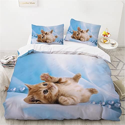 HOMHOMHA Kitty Duvet Cover Set Double Size for Kids Boys Girls Bedroom Bedding Set,Cute Yellow Cat Pearl Blue Duvet Cover Bedspread,Cat Duvet Set 200X200cm