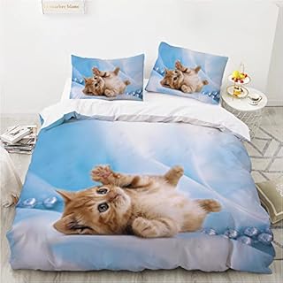 HOMHOMHA Kitty Duvet Cover Set Double Size for Kids Boys Girls Bedroom Bedding Set,Cute Yellow Cat Pearl Blue Duvet Cover Bedspread,Cat Duvet Set 200X200cm