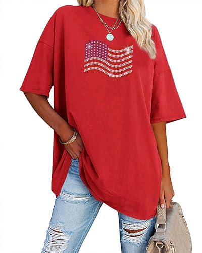 Kleufay 4th of July Shirts Women Sparkle American Flag Shirt Oversized Patriotic Shirts Independence Day Gifts Blouse