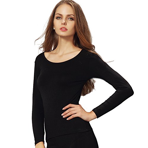 Liang Rou Women's Crew Neck Long Sleeve Ultrathin Modal Thermal Underwear Shirt/Top Black Medium