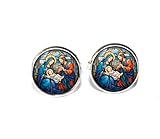 Christmas Faux Stained Glass Style Nativity - Handmade ROUND Glass Metal Cuff LInks Cufflinks Gift for Him Dad (Silver Plated)