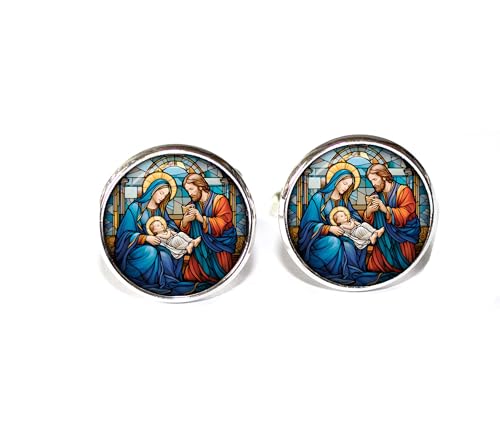 Christmas Faux Stained Glass Style Nativity - Handmade ROUND Glass Metal Cuff LInks Cufflinks Gift for Him Dad (Silver Plated)