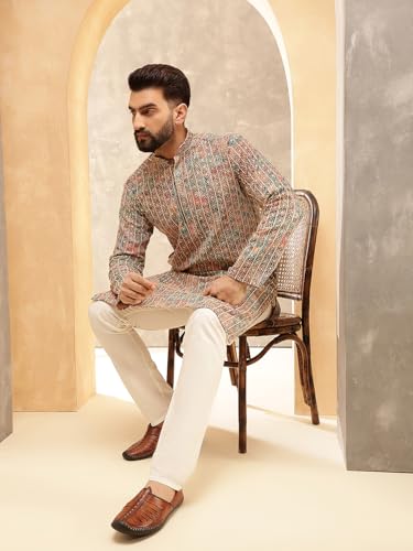 Sojanya (Since 1958 Men'S Cotton Silk Gold Thread Floral Embroidered Kurta With White Pyjama2