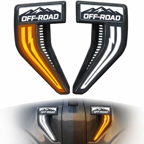Image of LED Fender Vent Lights for Ford F-150 2021-2025, Sequential Turn Signal & White DRL with Startup Animation, Smoked OFFROAD Mountain Style Side Vent Light, F150 Exterior Accessories (Pair)