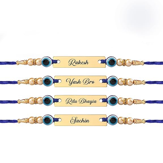 Personalized Blue Evil Eye Rakhi with Name & Roli & Rice(Chawal). Customized Metal Bracelet for Brother | Engraved Name for Bhaiya | Raksha Bandhan Gift for Boys & Men-image-8