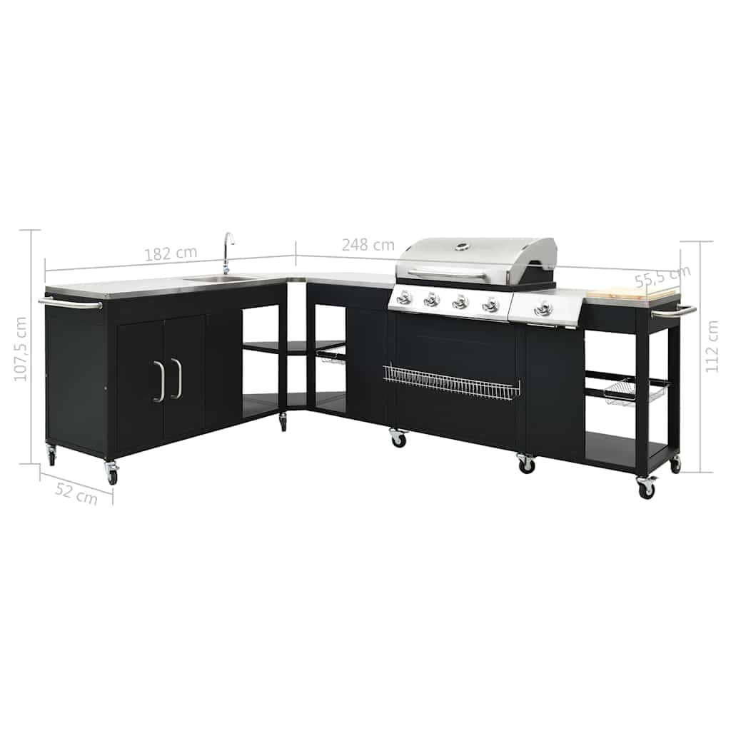 Gasgrill-Set 4+1 HOEK DE Modell Edelstahl Stahl mit 48.000 BTU, Seitenbrenner, Temperaturanzeige, Schneidebrett, Spüle, mobil für Outdoor-Küche, Camping, Party, Haushalt