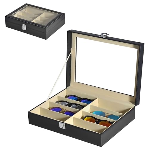 MAGIC SELECT Caja para Gafas con 8 compartimentos. Estuche de Gafas de Sol con Tapa de Cristal Transparente y Suave Forro Interior. Caja de Polipiel.