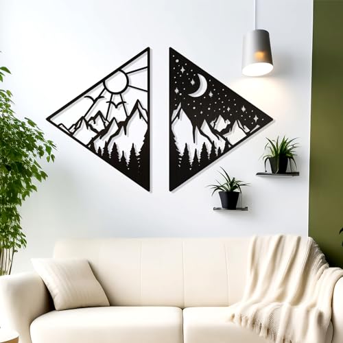 Image of Zzbakress 2 PCS Sun and Moon Wall Art Natural Wall Decor Day and Night Wall Decor Mountain and Forest Wall Hanging Decor Farmhouse Wall Sculpture for Living Room Bedroom Kitchen (Farmhouse, triangle)