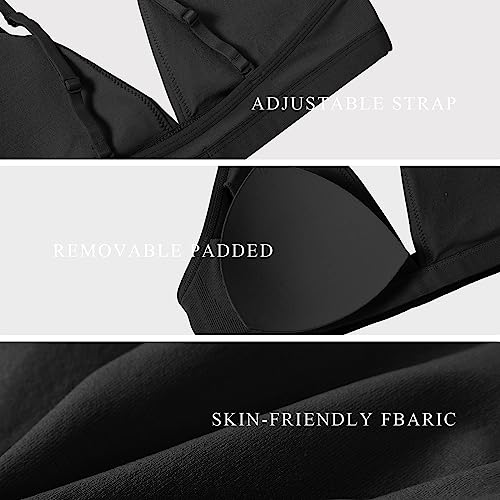 Image of INIBUD Bralette for Women Removable Padded Bra Yoga Seamless V Neck Triangle Adjustable Straps Wireless Black L