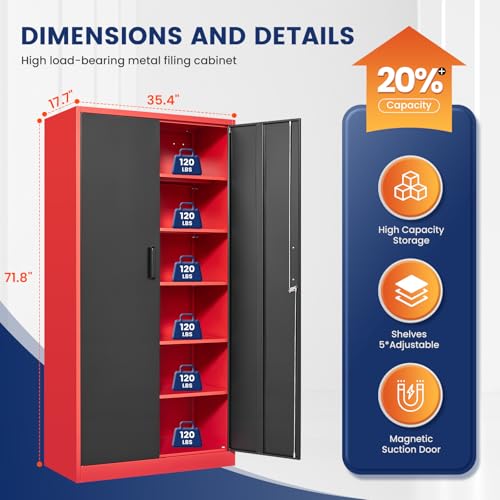 Image of Yizosh Metal Storage Cabinet with Lock Doors and 5 Adjustable Shelves,- 72 inch Garage Storage Cabinet for Home,Office,Garage,School