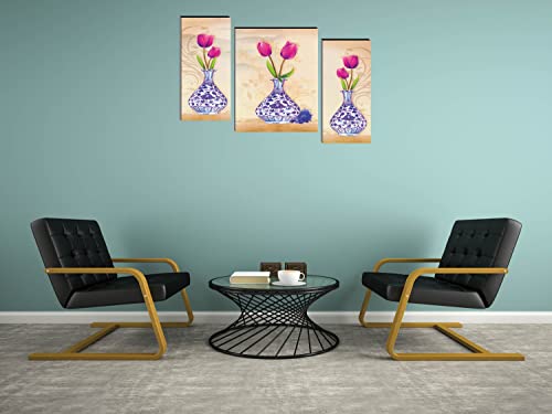 Image of Indianara Set of 3 Flowers in Vases MDF Art Painting (3831FL) without glass 4.5 X 12, 9 X 12, 4.5 X 12 INCH