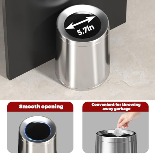 Image of 10L /2.6GAL Silver Stainless Stell Trash Can,Brushed Nickel Bathroom Trash Can,Open Top Garbage Can for Bathroom,Bedroom,Hotel,Kitchen,RV