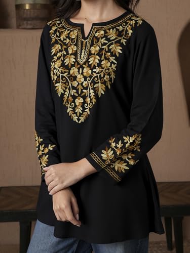 Image of QAZMI Women's Aari Embroidered Viscose Rayon A-Line Flared Short Kurti
