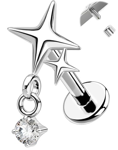 OUFER G23 Titanium Flat Back Helix Earrings 16g Internally Threaded Silver Nose Stud Star Dangle Tragus Conch Lip Cartilage Piercing Jewelry for Women