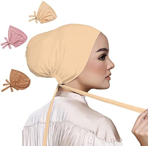 QYMY 3PCS Under Hijab Head Cap Muslim Scarf Solid Color Women Hat Stretchy Sleeping (Camel，Beige，Pink(3PCS), Free Size), Camel,beige,pink(3pcs), One Size