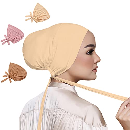 Qymy 3Pcs Under Hijab Head Cap Muslim Scarf Solid Color Women Hat Stretchy Sleeping (Camel，Beige，Pink(3Pcs), Free Size), Camel,Beige,Pink(3Pcs), One Size #TOP2