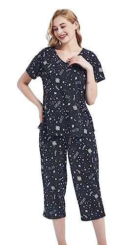 Image of CHUNG Women Cotton Pajama Sets Sleepwear pjs Short Sleeve Shirt Capri Length Crop Pants Cute Vivid Print