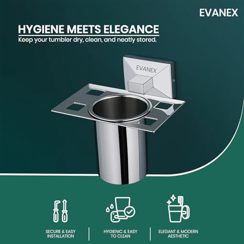 Image of EVANEX Wall-Mounted Tooth Brush Holder, 304 Grade Stainless Steel Tumbler Stand, Bathroom Organizer with Glossy & Chrome Finish Stand with Removable Cup (Vento)