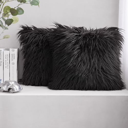 Image of Phantoscope Pack of 2 Luxury Series Throw Pillow Covers Faux Fur Mongolian Style Plush Cushion Case for Couch Bed and Chair, Black 26 x 26 inches 65 x 65 cm