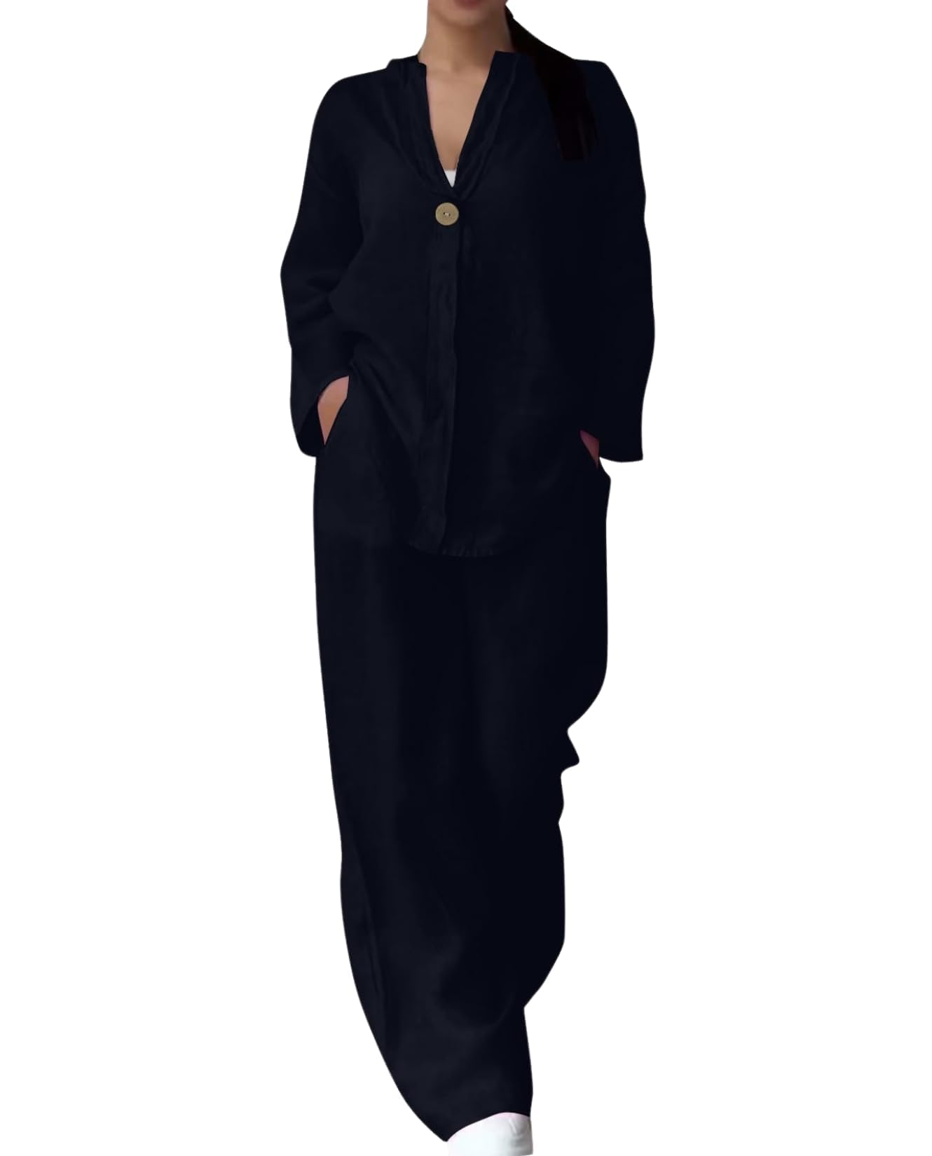 HOTYD Womens Cotton Linen Pant Suits Casual Two Piece Outfits Long Sleeve Button Shirt Tops and Wide Leg